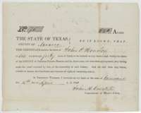 Mercer's Colony certificate No. 75, issued at Corsicana on 15 April 1850, entitling the heirs of John P. Houston to 640 acres of vacant land.