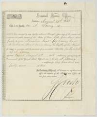 Land Office donation certificate for 640 acres issued to A. Savery at Austin on 13 August 1856 for special service during the Battle of San Jacinto.