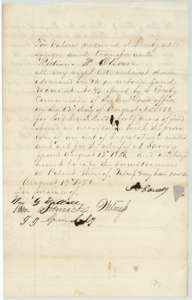 Assignment by A. Savery to William W. Oliver of the donation warrant for 640 acres, signed 13 August 1856 before three witnesses.