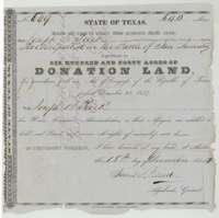 Donation certificate No. 649 of 18 December 1854 awarding Joseph B. Park 640 acres for taking part in the Battle of San Jacinto.
