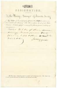 Designation signed by James G. Green asking the Navarro County surveyor to survey his claim, described from the corner of the Hines survey.