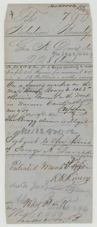 Patent jacket noting the survey sits on the illegal Henry Bragg claim and patent No. 133 Vol. 12 to the heirs of George A. Davis, 3 March 1860, delivered to Jos. Spence.