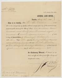 General Land Office certificate of 23 July 1853 for William K. Dalton's unlocated balance of 6,934,800 square varas of his headright.