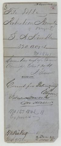 Wrapper: S. A. Kimble 320 acres, correct on map of Navarro County 20 December 1861, correct for patenting, patented 20 December 1861, No. 151 Vol. 11.