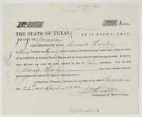 Mercer's Colony certificate No. 1226 for 320 acres, issued at Corsicana on 24 April 1851 by Commissioner John M. Crockett to Daniel Harlas.