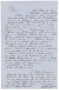 Field notes and sketch of 320 acres on Cottonwood Creek, Navarro County, surveyed for W. W. Speed by deputy surveyor J. Milton Wright, 29 April 1857.