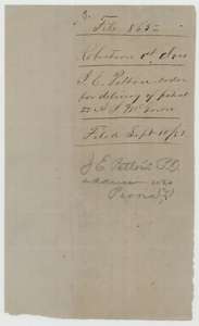 Filing jacket for James E. Patton's order for delivery of the patent, filed 10 September 1858.
