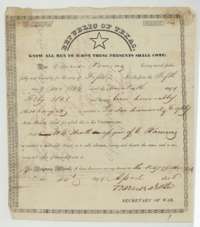 Republic of Texas bounty warrant No. 2892 for 1,280 acres, issued at Houston on 14 April 1838 by Secretary of War Barnard Bee to Edwardo Ramirez.