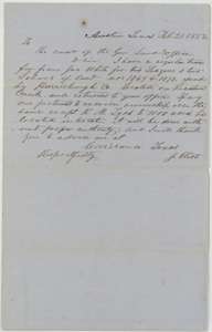 Letter from Austin, 21 February 1852, from J. Eliot to the General Land Office, saying he holds a transfer of John White's certificates located on Richland Creek.