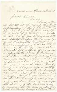 Letter of 24 April 1871 from J. M. Eliot at Corsicana to Commissioner Jacob Kuechler explaining his Barclay surveys and where they join neighboring tracts.