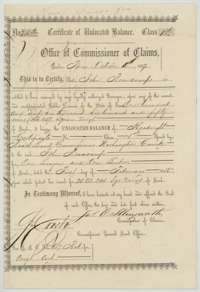 Certificate of unlocated balance No. 216 for 166,659 square varas, issued at Austin on 5 October 1857 to John Beauchamp from his league and labor headright.