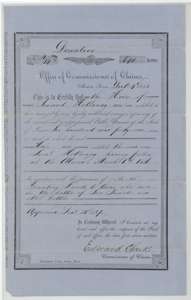 Donation certificate for 640 acres issued at Austin on 4 December 1858 by Commissioner of Claims Edward Clark to the heirs of Samuel Holloway, who fell at the Alamo.
