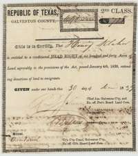Conditional second-class headright certificate for 640 acres issued to Henry Klahn by the Galveston County Board of Land Commissioners, 30 December 1839.