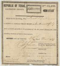 Conditional headright certificate No. 611 issued by the Galveston County land board on 26 December 1839 to Jacob Baliman for 640 acres.