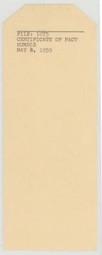 Land Office index card for file 1075, a certificate of fact dated May 1959.