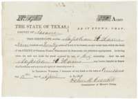Mercer's Colony certificate No. 173 for 320 acres, issued at Corsicana on 18 April 1850 by Commissioner John M. Crockett to Napoleon H. Harris.