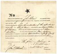 Augmentation certificate No. 135 for 369 acres, issued to John Bowie by the San Augustine County land board, 1 February 1838.