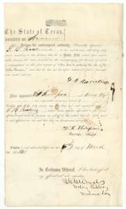 Printed settler's affidavit of G. B. Rawlings, sworn in March 1861, that he lives on vacant public land, with two witnesses and a notary's seal.