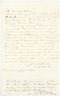 Corrections of the Bowen survey by County Surveyor John W. Irwin, cutting it from 146 to 123 1/2 acres, with Bailey's authorisation, Corsicana, 15 July 1872.