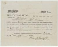 Mercer's Colony Certificate No. 304 for 320 acres to Lot Wilson, signed by Commissioner John M. Crockett at Corsicana, 20 April 1850.