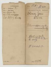 File jacket for the Henry Jones land scrip claim, 320 acres, listing the certificates, field notes and corrected field notes.