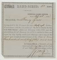 Land scrip for 160 acres issued by the General Land Office to Henry Jones, who paid $88 under the 1858 public domain sale act.