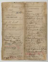 File jacket for J. M. Scott's 160-acre Robertson preemption, with a contents list of the papers filed and the patent notation.