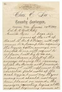 First page of a letter from county surveyor Chas. E. Lee at Corsicana to the Land Commissioner, 10 June 1887, about a preemption next to the Noah Kezzia survey.