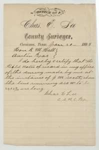 Certificate of surveyor Chas. E. Lee, 20 January 1888, giving the length of the Scott survey's south 60 west line as 2,483 8/10 varas.