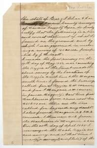 First page of surveyor Lee's statement explaining how the Kezzia and Morgan surveys were corrected and how Scott's preemption was fitted to them.
