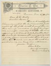 Letter from surveyor Lee, 16 September 1888, correcting the Scott field notes because the survey held only 150 acres and the lines had to be extended.
