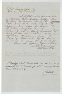 District Surveyor's certificate of 3 April 1854 that the Kinison survey conflicts with a survey made under bounty warrant No. 1432, with the Land Office answer.