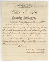Certificate of Navarro County surveyor Chas. E. Lee, Corsicana, 21 January 1888, that the attached plat of the Friedenhaus tract is true and correct.