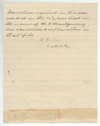 Handwritten Land Office note that a correction was needed in the 74 4/10-acre tract of M. B. Montgomery.