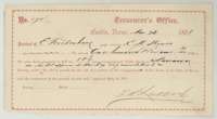 State Treasurer's receipt, Austin, 28 March 1888, for $111.20 paid for 55 3/5 acres in Navarro County.