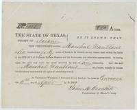 Printed Mercer's Colony certificate No. 185 for 640 acres to Marshal Wantland, signed by John M. Crockett at Corsicana, 18 April 1850.