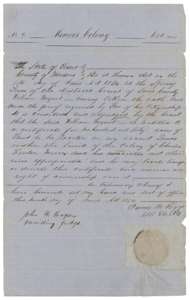 Mercer's Colony certificate No. 9 for 640 acres to William Bryant, issued by the Navarro County District Court, 7 June 1854.