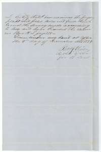 Certificate of district surveyor Thos. J. Oliver, 9 December 1856, that the 466-acre field notes were examined and recorded in Book L, page 178.