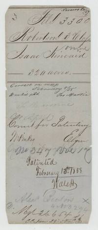 Old wrapper for the Kincaid file: correct on map 8 Feb 1858, correct for patenting (Elgin), patented 15 Feb 1858, No. 347 Vol 17, pencilled 'Alex Beaton'.