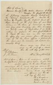 Transfer of 10 February 1857 in which William Langston of Navarro County conveys his 320-acre colony certificate to Joseph H. Powell, with the notary's acknowledgment.