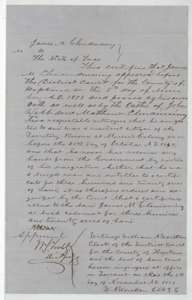 Hopkins County District Court certificate of 5 November 1857 that James M. Clendening, a settler in Mercer's Colony, is entitled to 320 acres.