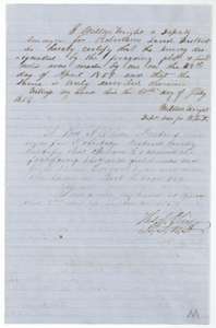 Certificates of deputy surveyor Milton Wright and district surveyor Thomas J. Oliver that the Cottonwood Creek survey is correct, dated 30 July and 2 September 1857.