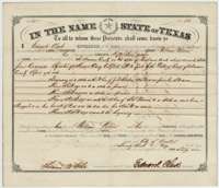 Patent issued 23 May 1861 by Governor Edward Clark to William Wilson for 52 acres on Richland Creek, Navarro County.