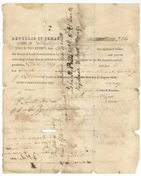Conditional headright certificate No. 286 from the Shelby County Board of Land Commissioners, December 1839, for 320 acres to Bolden G. Waits, a single man arrived after Independence.