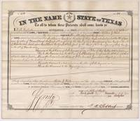 Letter patent No. 457 Vol. 36 from Governor F. R. Lubbock granting Bolden G. Waits 320 acres on Briar Creek, Navarro County, dated 24 November 1862.