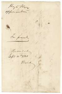 Back of the 1860 application, with Hugh Forgey's name and the recording note of 10 September 1860.