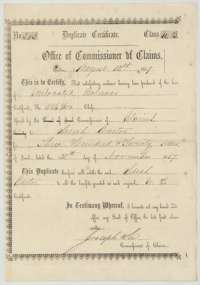 Duplicate certificate for the unlocated balance of 320 acres, issued to Sarah Carter by Commissioner of Claims Joseph Lee, 13 August 1859.