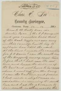 Letter from county surveyor Chas. E. Lee at Corsicana, 16 December 1887, to the Land Commissioner explaining his correction of the Kezzia survey.
