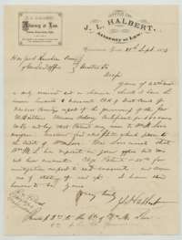 Letter of 29 September 1873 from Corsicana attorney J. L. Halbert to the Land Commissioner, asking that the patent issue to William M. Love.