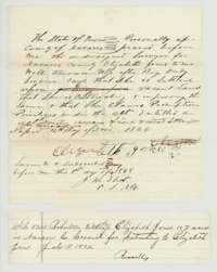 Elizabeth Jones's sworn claim of 1 May 1868 to preempt vacant land, with a slip approving the file for patenting on 18 July 1872.